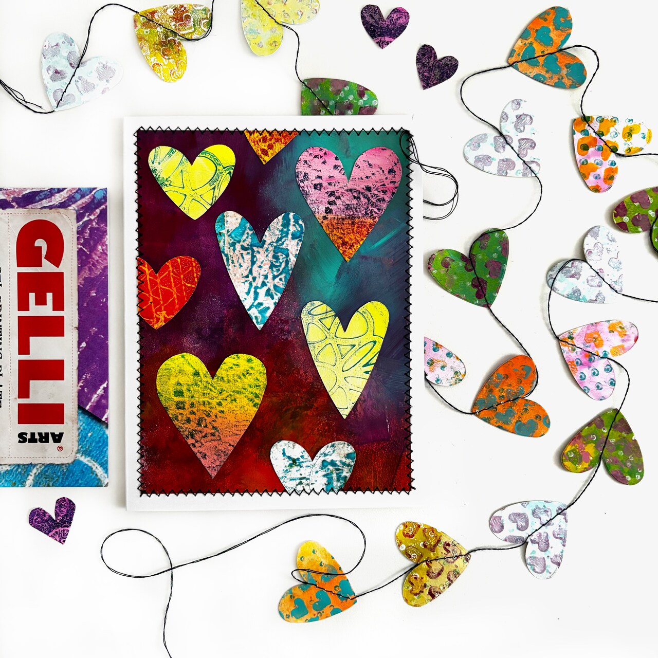 Colorful Valentine's card with a gift with Gelli Arts®